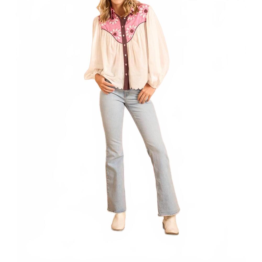 NEW BROOKS AVENUE western long sleeve blouse in embroidered wildflower pink